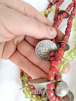 Antique White Heart, Coin & Coral Chachal Beaded Necklace