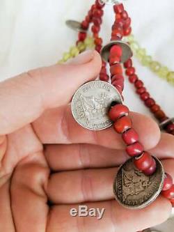Antique White Heart, Coin & Coral Chachal Beaded Necklace