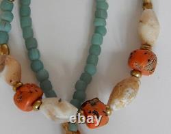 Antique handmade Tibet Coral beads, Ancient Agate, Glass, Bone, Brass Necklace