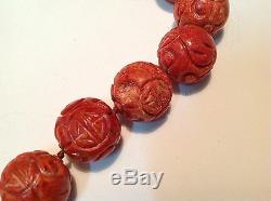 Antique natural carved Coral round beads Chinese salmon necklace 204 gram m1124