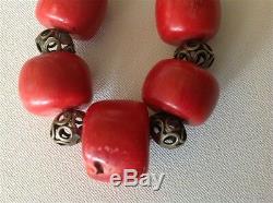Antique natural color Coral and silver beads Chinese necklace 220 gram (m1030)