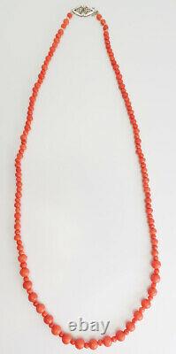 Antique natural salmon coral bead necklace with 14k white gold clasp