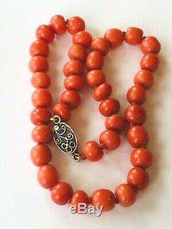 Antique necklace genuine CORAL beads necklace crystal spacers 34g silver clasp