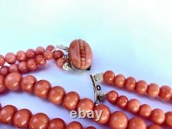 Antique old natural salmon red coral necklace gold clasp