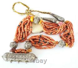 Antique original Yemeni Silver natural amber red coral Beads Bawsani necklace