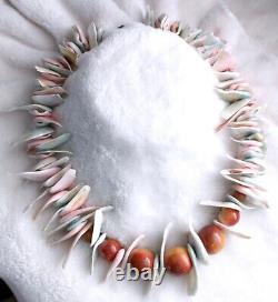 Apple Coral Bead Statement Necklace Handmade Abalone Shell Large Coral Beads