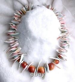 Apple Coral Bead Statement Necklace Handmade Abalone Shell Large Coral Beads