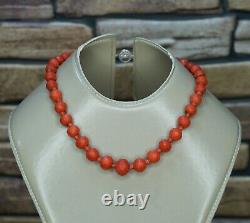 Art Deco Natural Mediterranean Red Coral Faceted Beads Necklace 14K Gold 58g