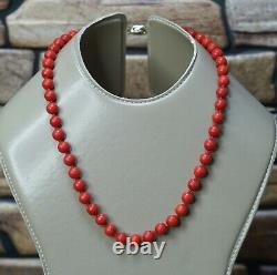 Art Deco Natural Mediterranean Red Ox Blood Coral Beads Necklace Vermeil Silver