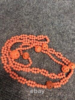 As is vintage Chinese carved salmon coral necklace