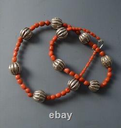 Asian Ethnographic Tribal silver coral pumpkin beaded necklace Vintage jewellery