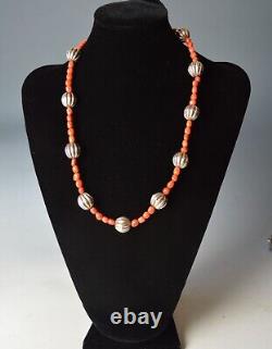 Asian Ethnographic Tribal silver coral pumpkin beaded necklace Vintage jewellery