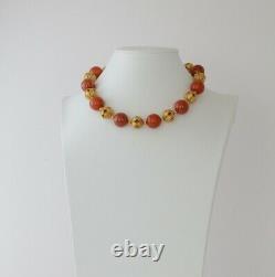 Auth Ysl Yves Saint Laurent Gold Tone Beaded Necklace Earrings Set Coral Vintage