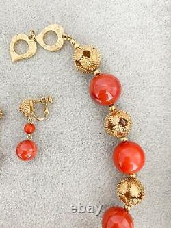 Auth Ysl Yves Saint Laurent Gold Tone Beaded Necklace Earrings Set Coral Vintage