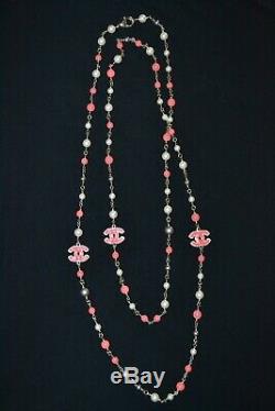 Authentic Chanel Coral & Grey Pearl Bead Necklace. CC logos