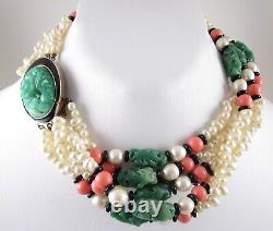 Beautiful 1970's Kenneth Jay Lane Kjl Oriental Faux Jade Coral Torsade Necklace