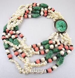 Beautiful 1970's Kenneth Jay Lane Kjl Oriental Faux Jade Coral Torsade Necklace