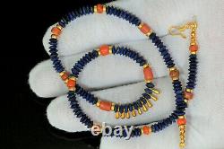 Beautiful Ancient Coral necklace features Gold 925 Silver Lapis Lazuli Beads 17