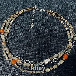 Beautiful Estate Sterling Silver Abalone Coral & Amber Glass Bead Necklace 18
