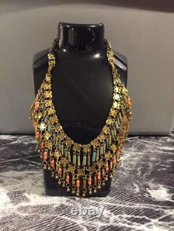 Beautiful Tribal Estate Beaded Coral Gold tone Necklace and Matching Bracelet