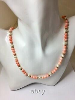 Beautiful Vintage 9ct Yellow Gold Natural Coral & Pearl Beaded Necklace 18.5