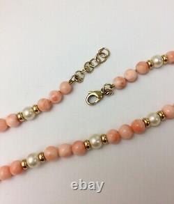 Beautiful Vintage 9ct Yellow Gold Natural Coral & Pearl Beaded Necklace 18.5