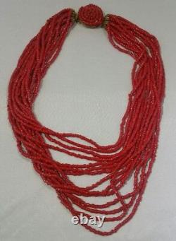 Beautiful Vintage Estate Red Coral Bead Multi Strand Necklace With Gold