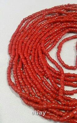 Beautiful Vintage Estate Red Coral Bead Multi Strand Necklace With Gold