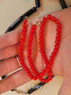 Beautiful Vintage Gold Filled Clasp Red Orange Coral Bead Necklace Small 15