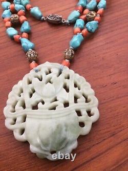 Beautiful vintage Chinese coral turquoise beads jade silver clasp necklace