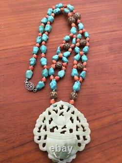 Beautiful vintage Chinese coral turquoise beads jade silver clasp necklace