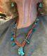 Best! Zuni Att Leekya Deyuse Necklace Carved Turquoise Leaves Double Coral Beads