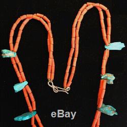 Best! Zuni att Leekya Deyuse Necklace Carved Turquoise Leaves Double Coral Beads