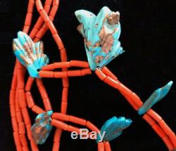Best! Zuni att Leekya Deyuse Necklace Carved Turquoise Leaves Double Coral Beads