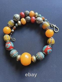 Big copal Resin Amber Yolk bead & Tibetan Nepalese Capped Boho Berber Necklace