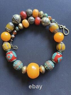 Big copal Resin Amber Yolk bead & Tibetan Nepalese Capped Boho Berber Necklace