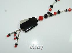 Black Onyx Red Coral Bead strand Tassel Pendant Sterling Silver Necklace Cn 30