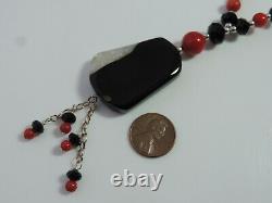Black Onyx Red Coral Bead strand Tassel Pendant Sterling Silver Necklace Cn 30