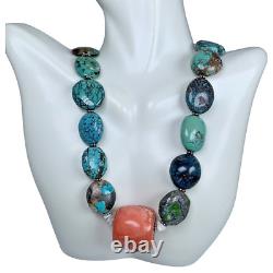 Blue Turquoise Pink Angel Skin Coral Pendant Chunky Necklace 18 925 Silver BOHO