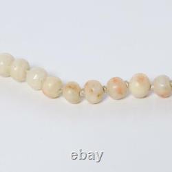 Blush Pink White Coral Bead Hand Knotted Necklace w 800 Silver Clasp 18 Vintage