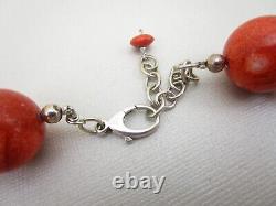 CLASSIC LARGE 20MM RED/ORANGE HORN CORAL KNOTTED BEAD NECKLACE With STERLING CLASP