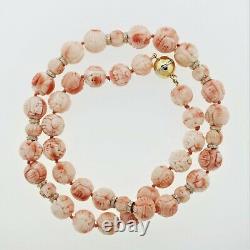 Carved Coral Diamond Bead Necklace 14K Yellow Gold
