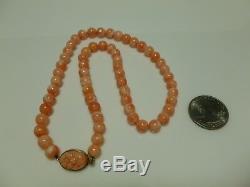 Carved Coral Flower Floral Sterling Silver Round Bead Beaded Strand Necklace 1