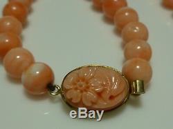 Carved Coral Flower Floral Sterling Silver Round Bead Beaded Strand Necklace 1