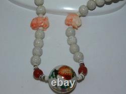 Carved Coral Year OX RABBIT Cloisonne Carnelian Bead Strand 31 Necklace