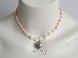 Chain Coral Tulips Carved Bead Mother of Pearl Lenses & 925 Silver Heart Pendant