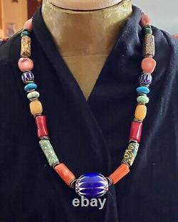 Chevron & vintage Millefiori Venetian beads with Coral Gemstones Bohemian necklace