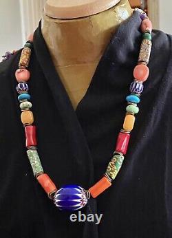 Chevron & vintage Millefiori Venetian beads with Coral Gemstones Bohemian necklace