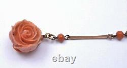 Chinese Coral Carved Carving Rose Pendant Bead 23 Necklace 14K Gold Clasp 60CM