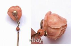 Chinese Coral Carved Carving Rose Pendant Bead 23 Necklace 14K Gold Clasp 60CM